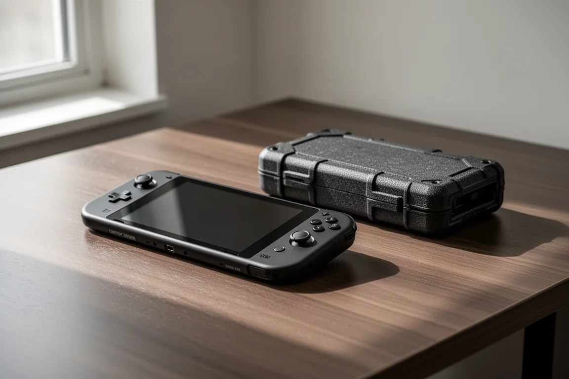 Console de jeu portable avec étui texturé posée sur un bureau dans une douce lumière naturelle