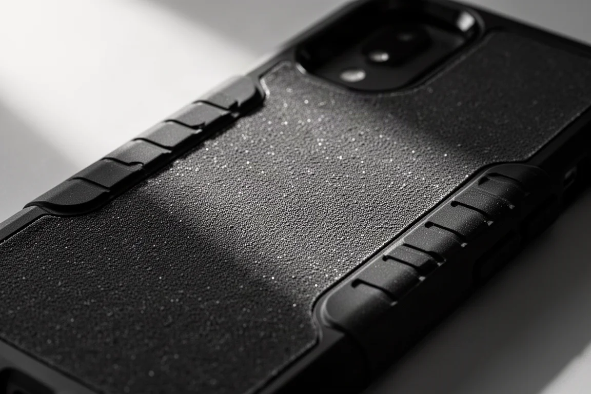 Gros plan sur la surface de grip en caoutchouc texturé d'un étui de protection pour console portable