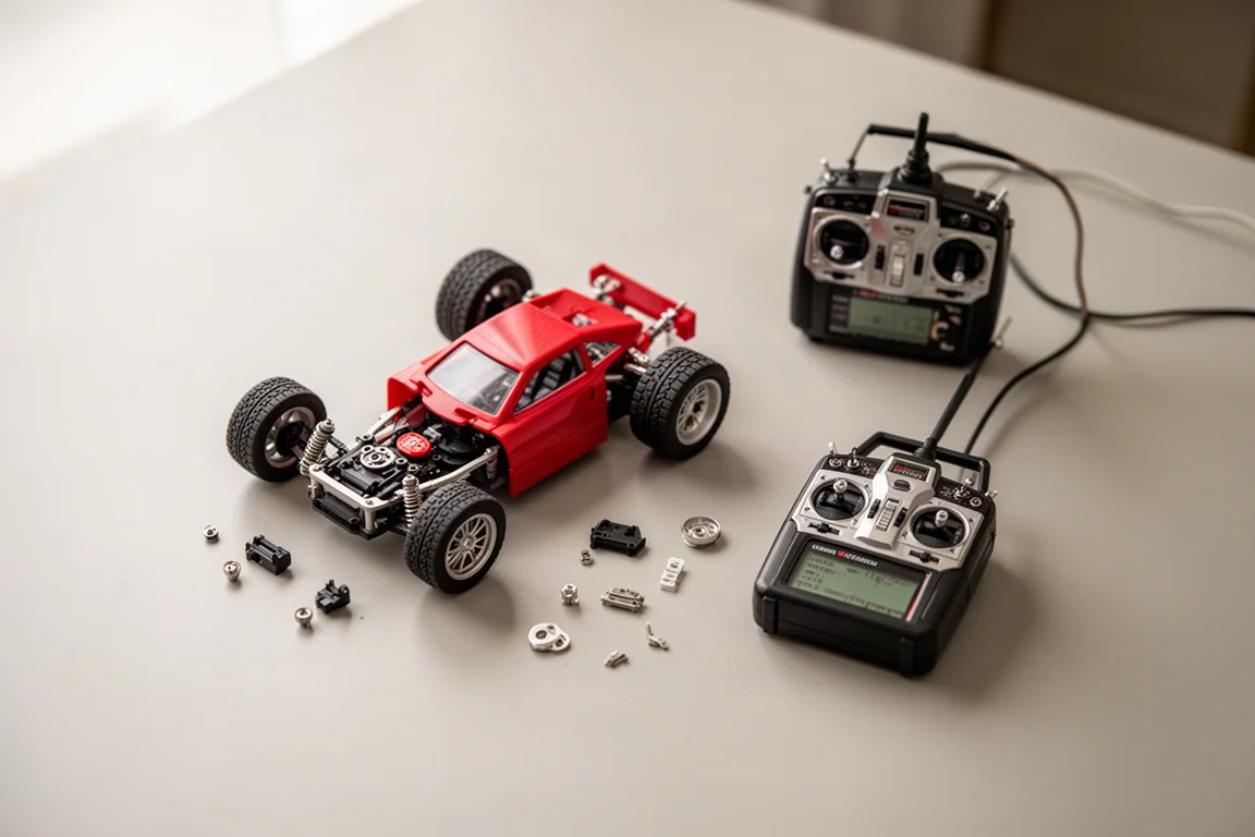 Mini kit de voiture télécommandée à assembler avec les pièces disposées sur un bureau