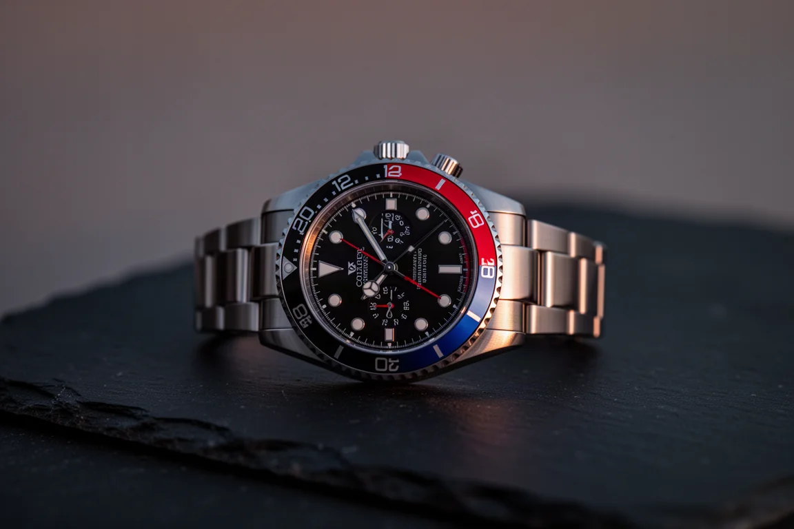 Montre-bracelet au lunette noire, rouge et bleue photographiée au crépuscule