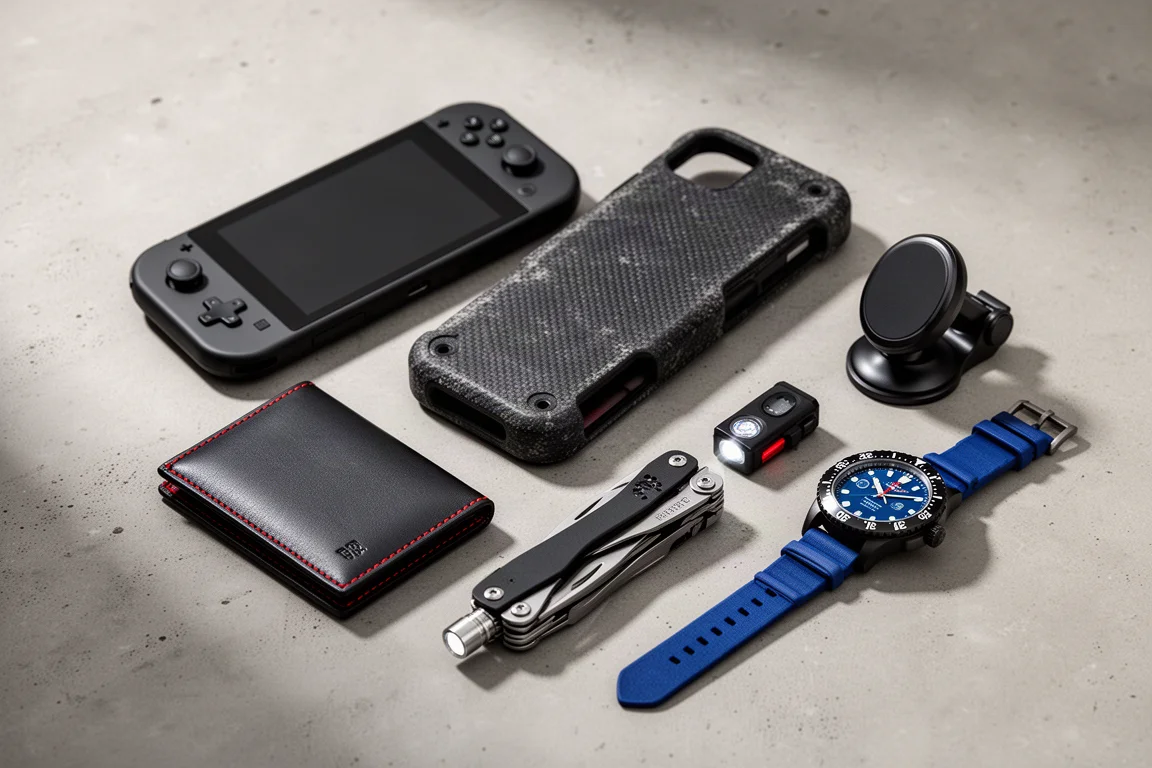 Flat-lay of handheld gaming console, case, wallet, car charger, multi-tool and wristwatch on concrete