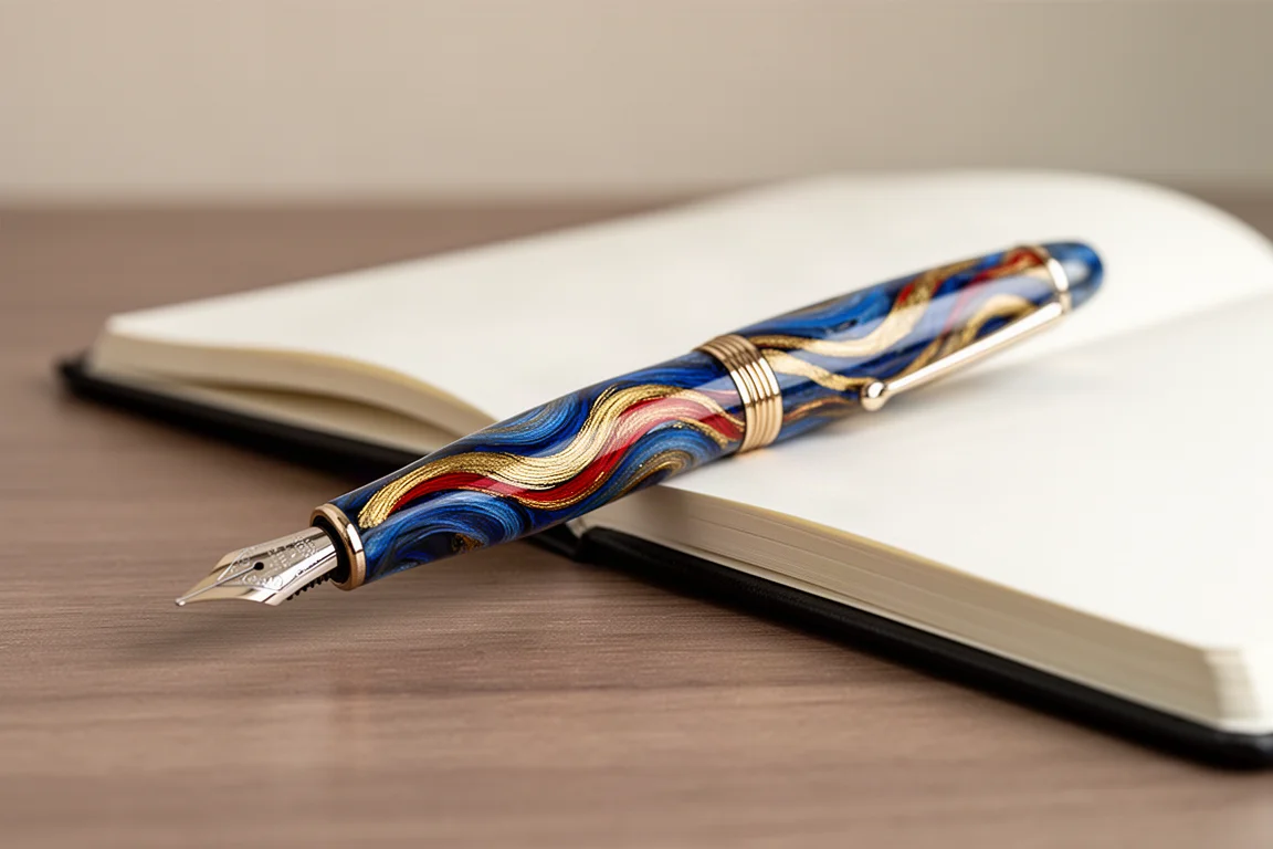 Stilografica dipinta a mano nei colori nazionali armeni su una scrivania con un quaderno aperto