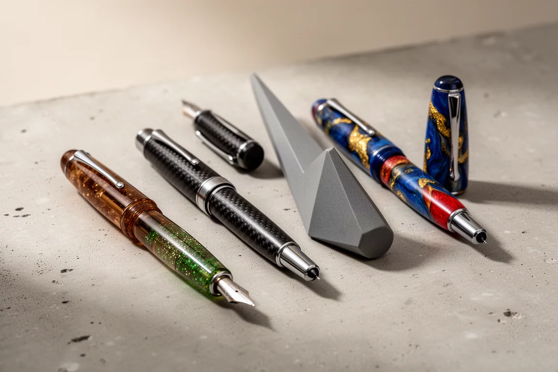 Four fountain pens arranged in a row on a concrete surface
