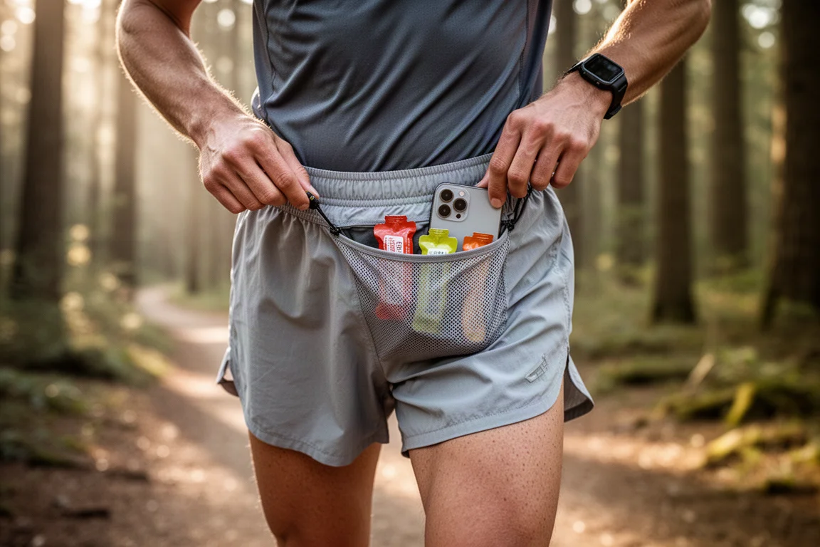 Runner tightening the storage belt of lightweight running shorts on a trail