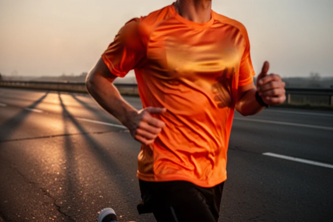 Runner wearing a bright running t-shirt on a road at sunset