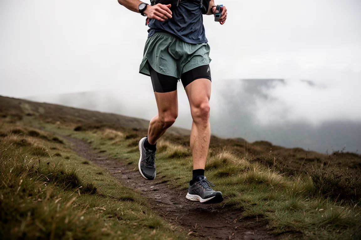 Trail runner on a misty hillside path wearing dual-layer shorts
