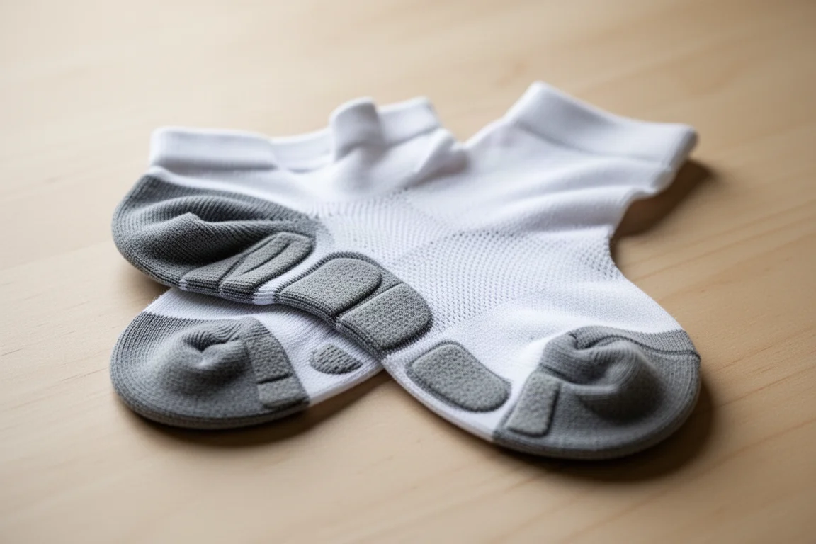 Close-up of a cushioned running sock laid flat with reinforced heel and toe sections