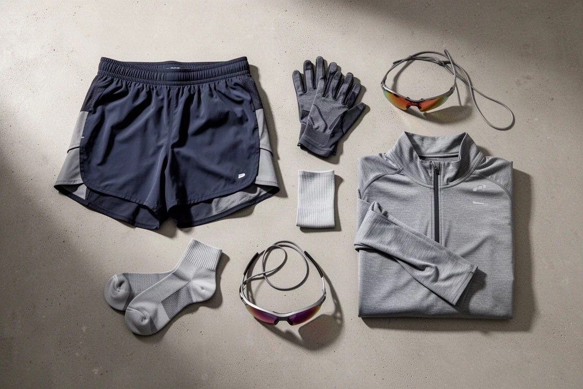 Flat-lay of running gear including shorts, socks, gloves, a long-sleeve top, and sunglasses