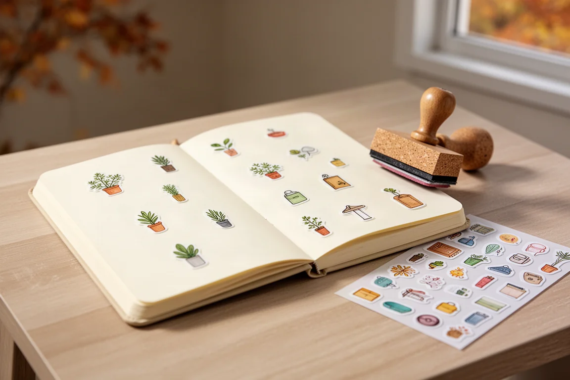 Open notitieboekpagina versierd met kleine geïllustreerde stickers en stempels