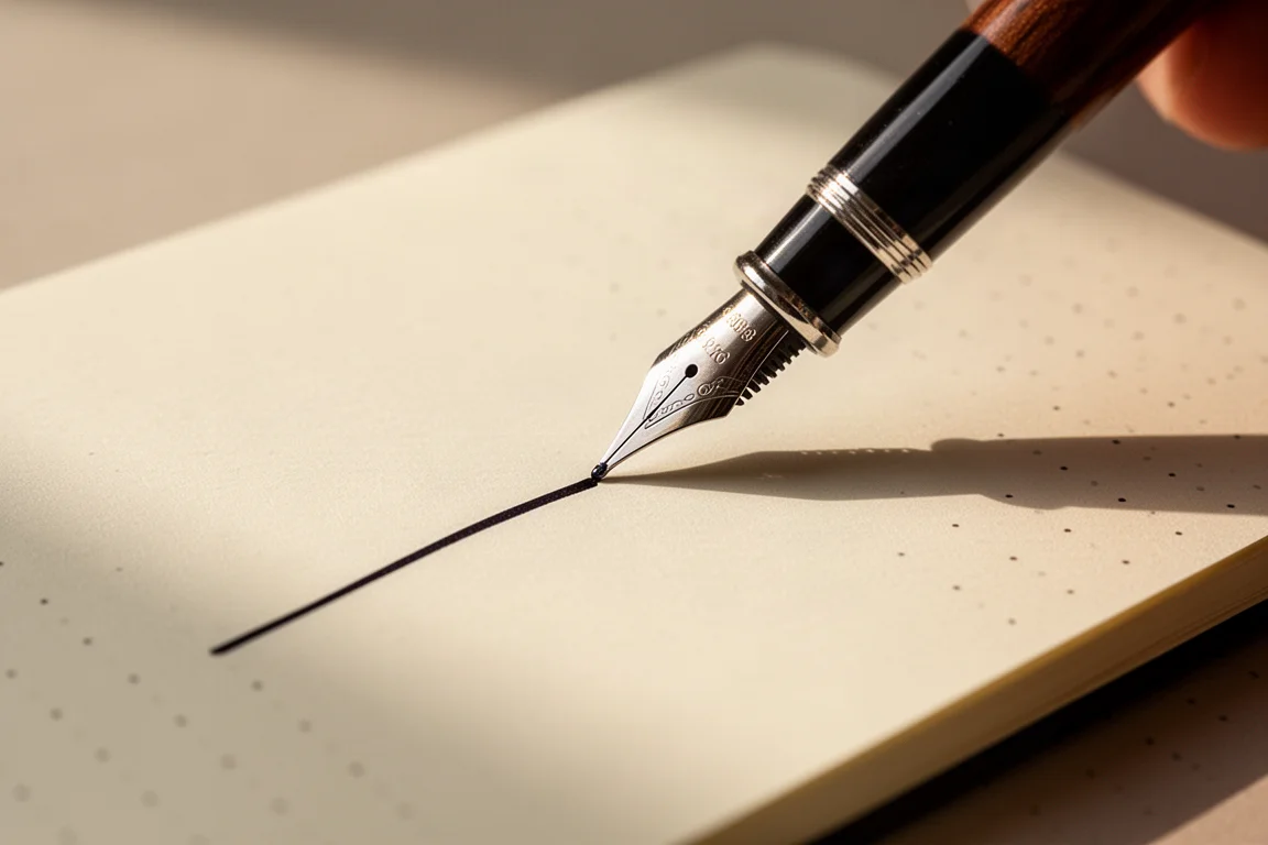 Vulpen schrijft op glad cremekleurig notitieboekpapier terwijl de inkt droogt