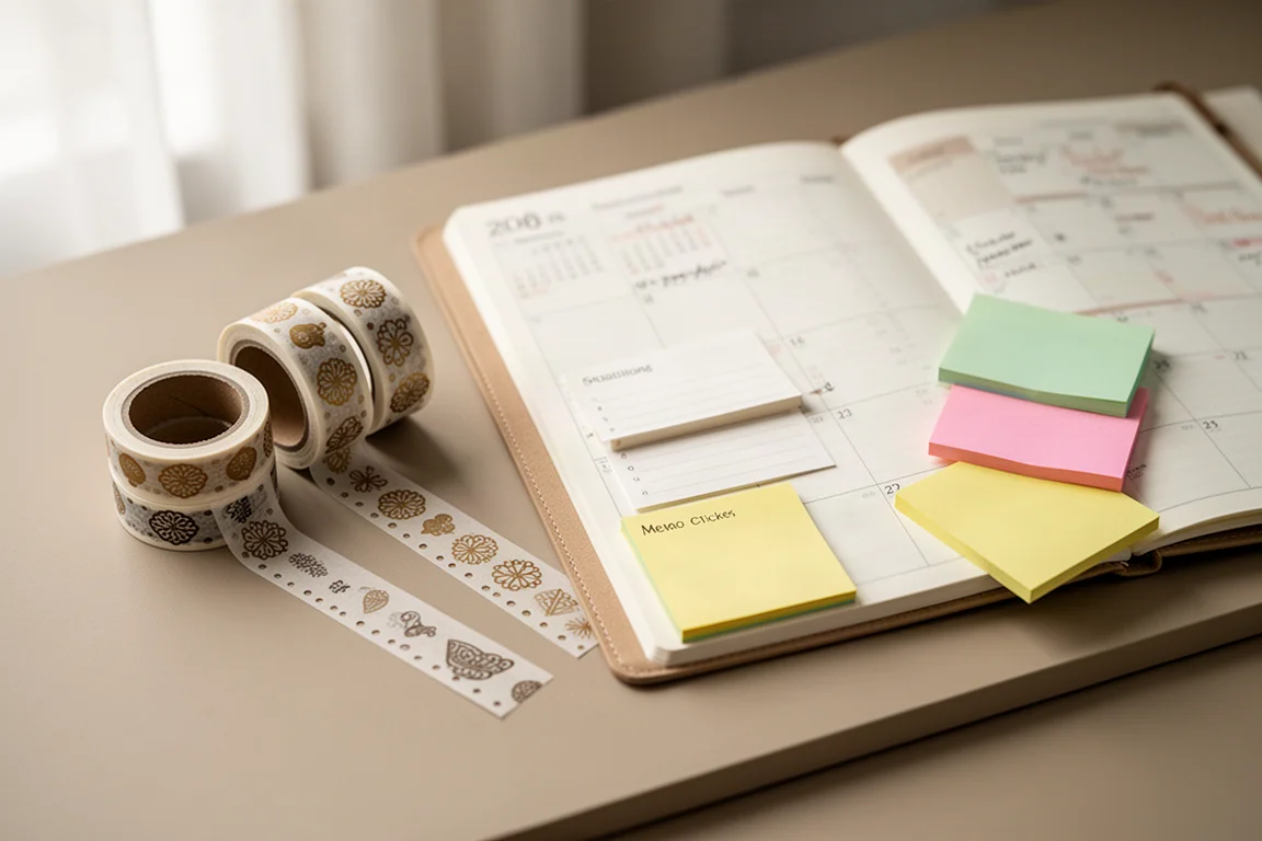 Washi tape en memoluten op een bureau tijdens een journaling-sessie