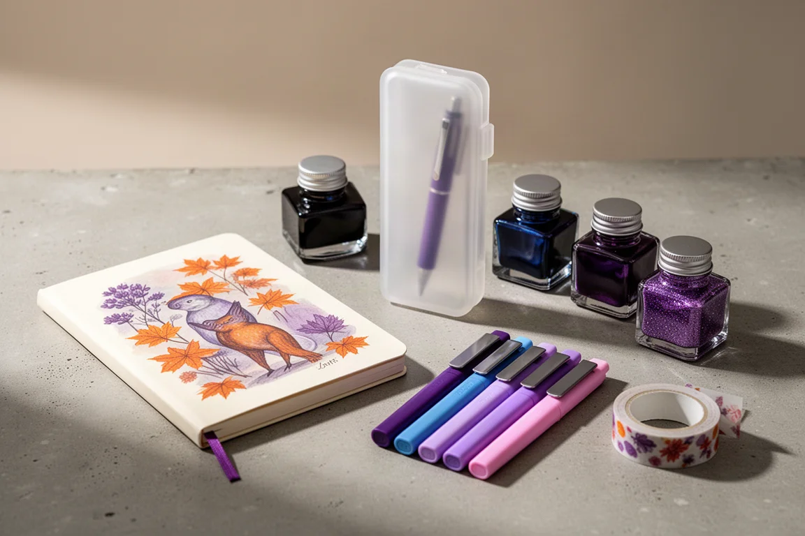 Composizione flat lay di articoli di cancelleria di settembre: journal, portapenne, bottiglie di inchiostro, evidenziatori e nastro washi