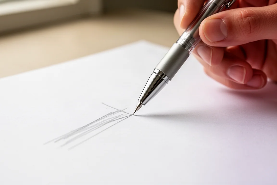 Mão escrevendo levemente no papel com uma lapiseira, sob luz natural suave