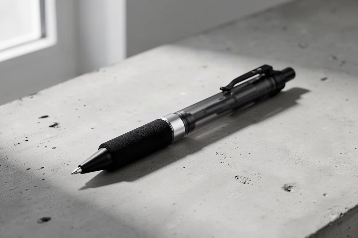 Black mechanical pencil with thick rubber grip resting on a matte concrete surface
