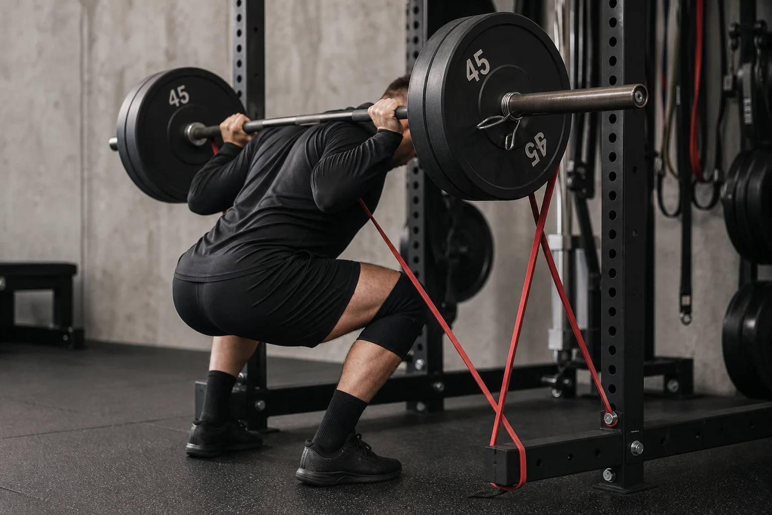 Persona che esegue uno squat con bilanciere utilizzando bande elastiche fissate a un rack