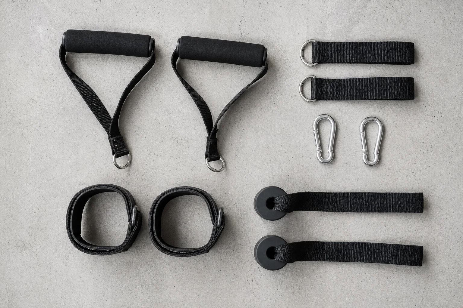 Vista dall'alto di accessori per bande elastiche disposti su una superficie in cemento