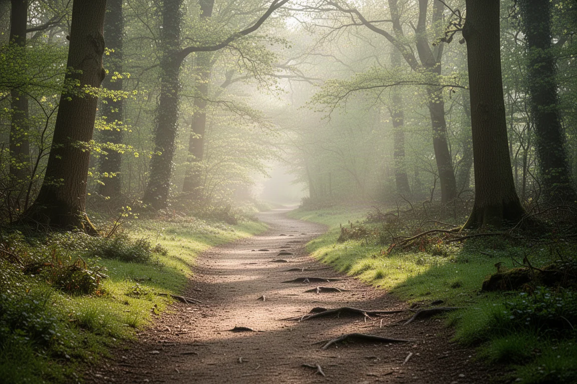 Sonnenbeschienener Waldweg, der im frühen Morgenlicht durch grünen Wald schlängelt
