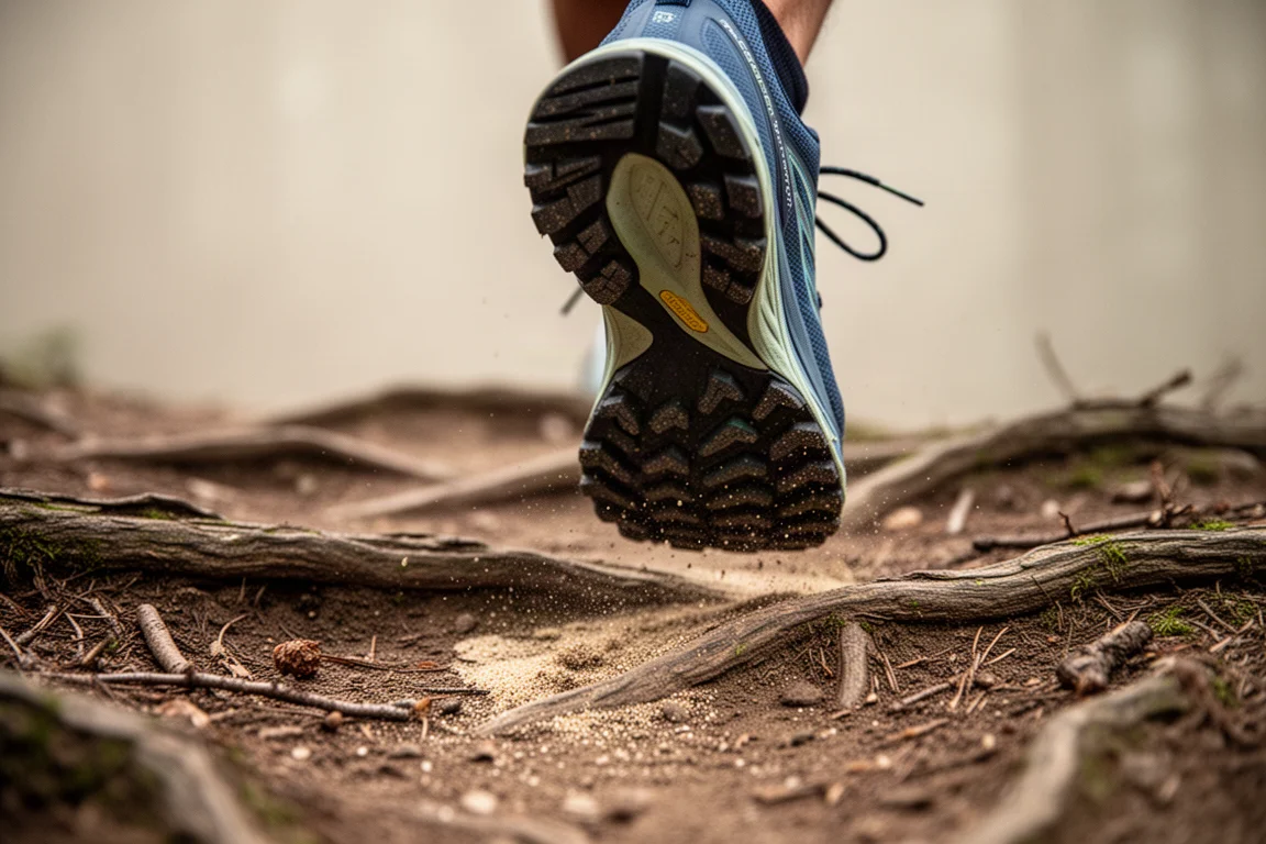 Nahaufnahme der Trailschuh-Laufsohle, die auf einem wurzelbedeckten Erdweg greift
