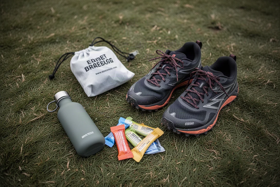 Trailschuhe und Drop Bag auf Gras an einem Verpflegungspunkt eines Rennens ausgelegt