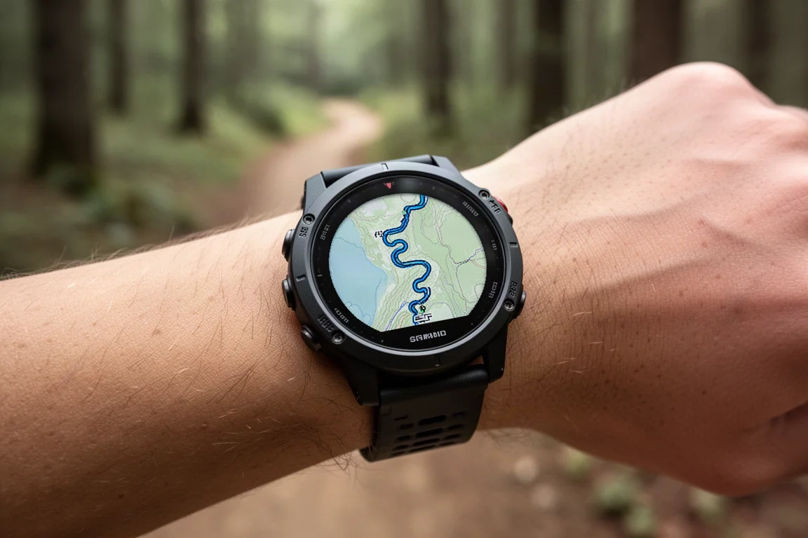 GPS-Sportuhr am Handgelenk, die während eines Trailruns eine Routenkarte anzeigt