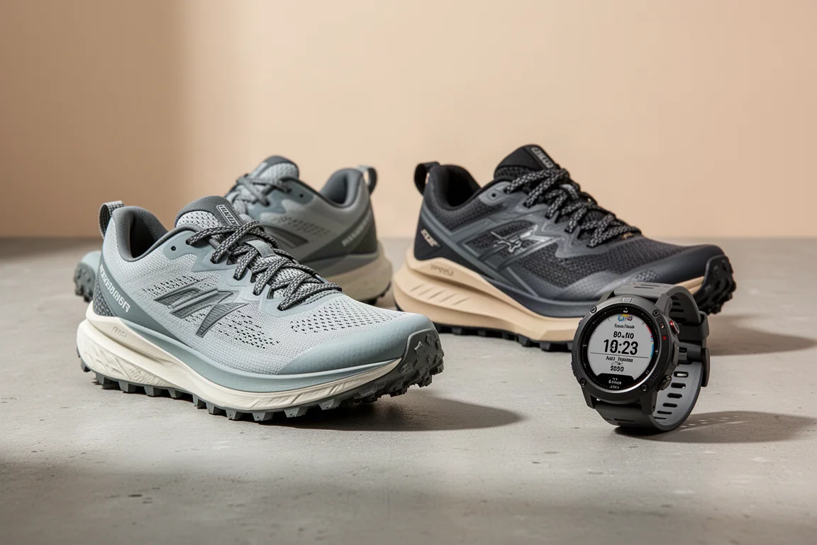 Two pairs of trail running shoes and a GPS sports watch on a concrete surface