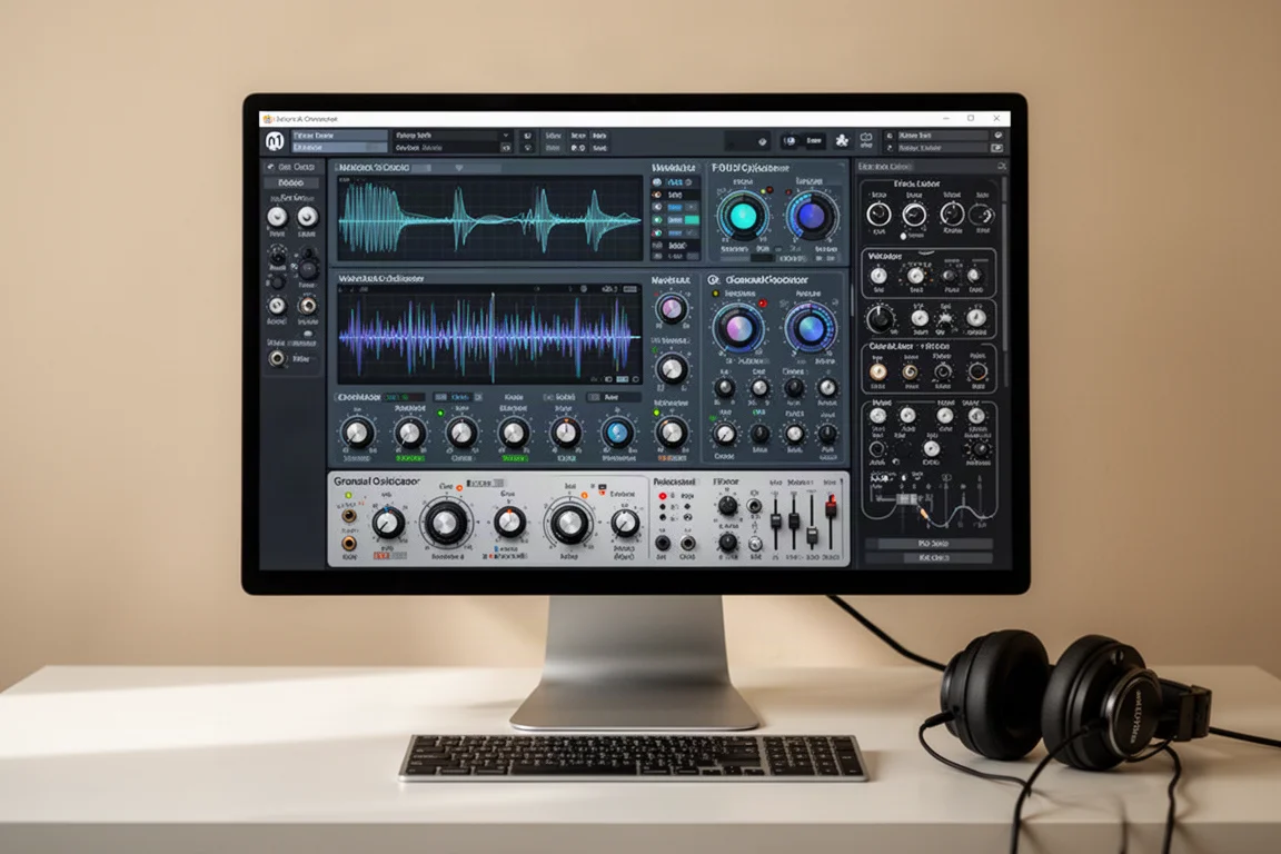 現代音樂製作工作室桌面,配備DAW顯示器、MIDI鍵盤和錄音室監聽喇叭