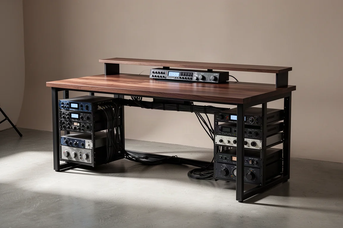 Studio desk with walnut surface, side rack bays, low display shelf, and cable trays