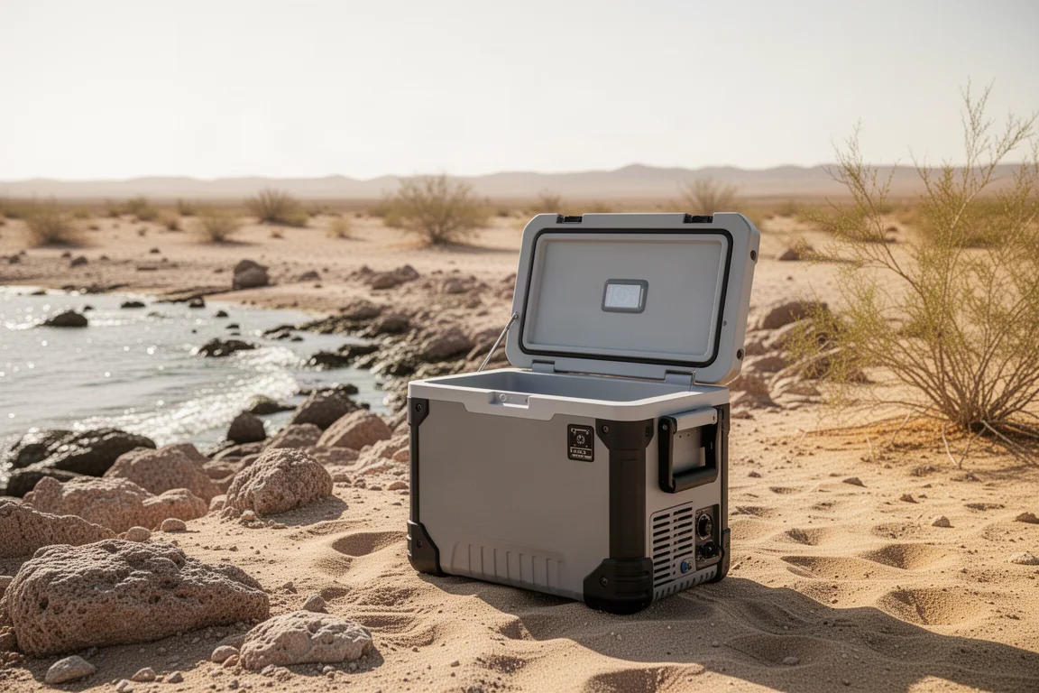 Frigorifero portatile 12V all'aperto sotto la luce intensa del sole del deserto