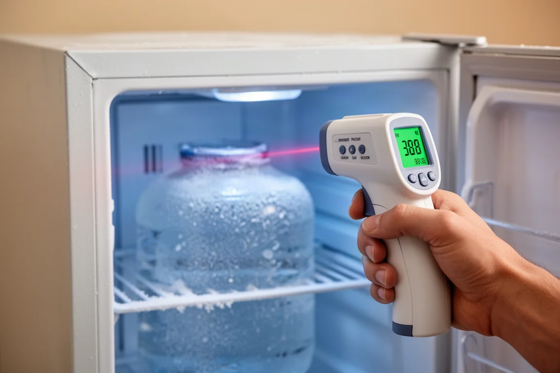 Termometro a infrarossi che misura la temperatura all'interno di un frigo portatile