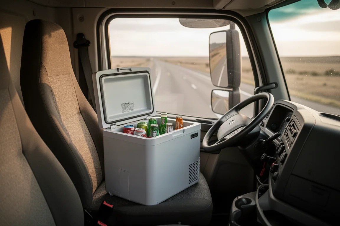 Frigorifero portatile caricato sul sedile del passeggero di un camion durante un viaggio