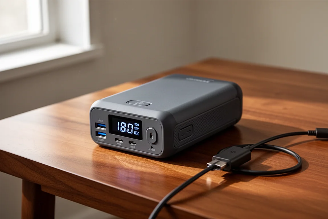Tragbare Powerbank mit LCD-Display und Ausgangsanschlüssen auf einem Holztisch
