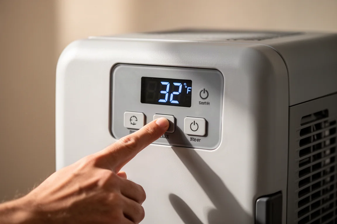Nahaufnahme einer Hand, die Tasten auf einem Kühlschrank-Bedienfeld mit digitaler Temperaturanzeige drückt