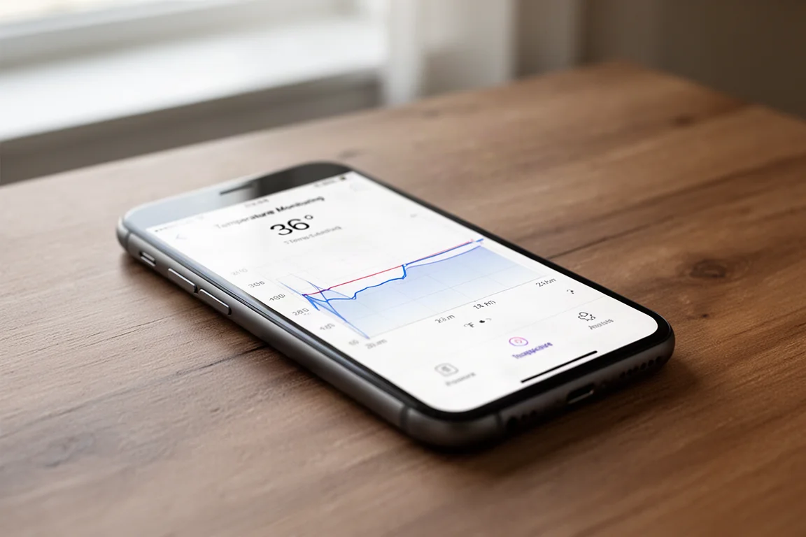 Smartphone-App zeigt ein Temperaturdiagramm mit einer flachen Linie über 24 Stunden
