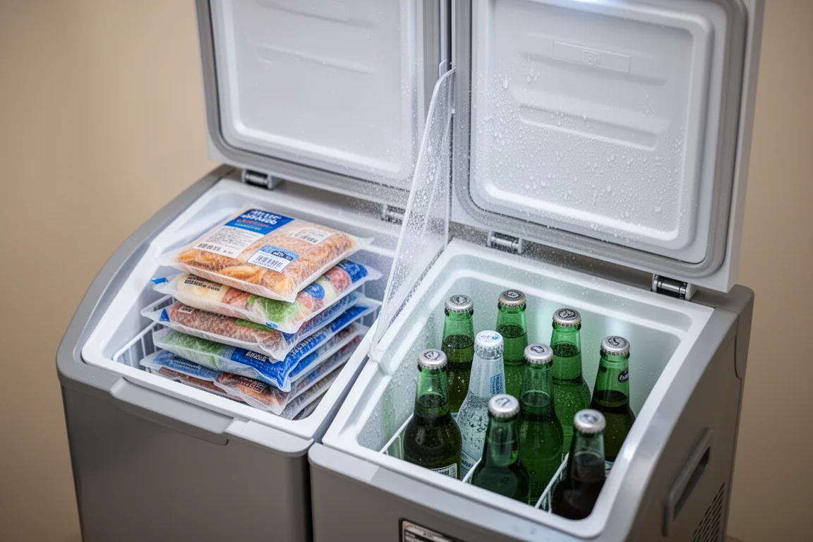Frigo portatile a doppia zona con carne congelata da un lato e bevande dall'altro
