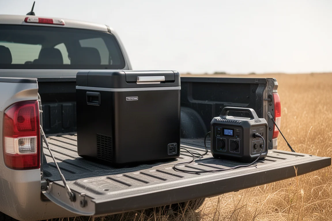 Frigo portatile alimentato da una power station nel cassone di un pickup