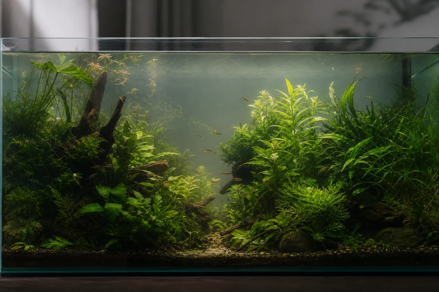 種滿茂密水草且水質清澈的水族箱，展現健康的植物生長狀態