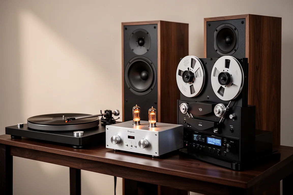 Analog hi-fi system with turntable, tube phono stage, reel-to-reel deck and floorstanding speakers