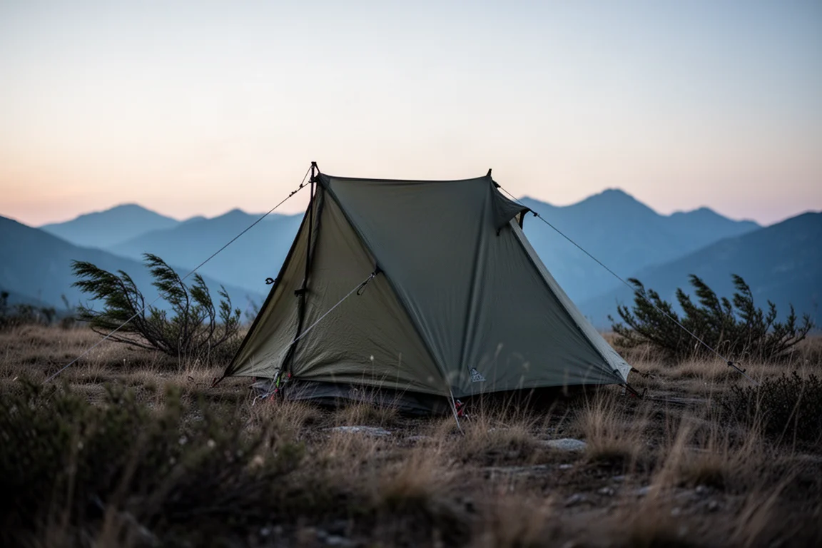 Backpacking shelter pitched in an exposed alpine meadow at dusk with taut guy lines