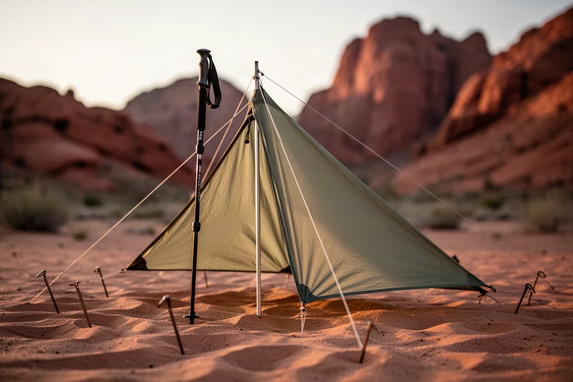 Non-freestanding shelter pitched on desert sand at golden hour with trekking pole