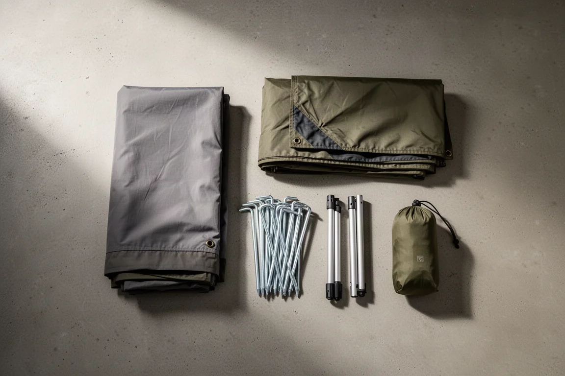 Overhead flat-lay of tent body, rainfly, stakes, poles, and stuff sack on concrete