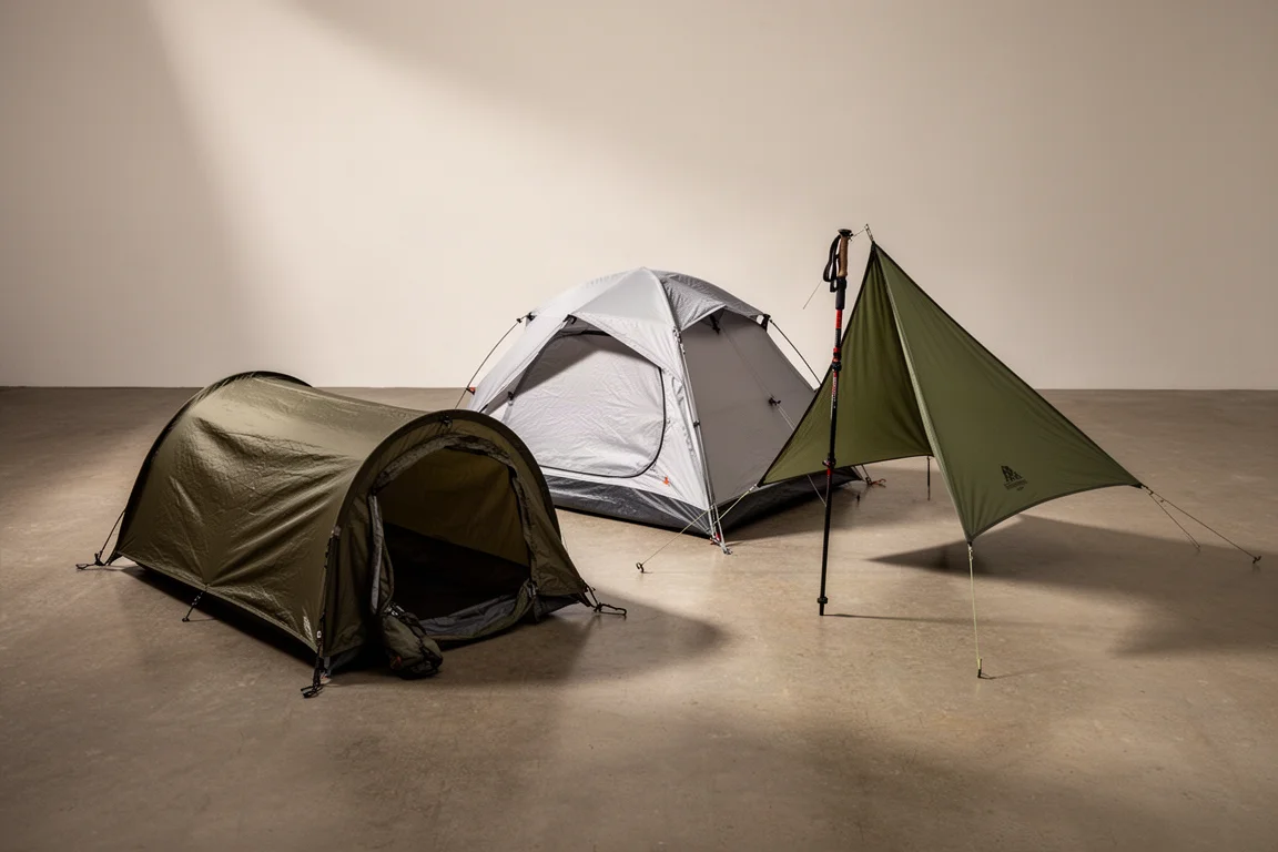 Seven backpacking tents pitched together on a studio floor in olive, grey, and green