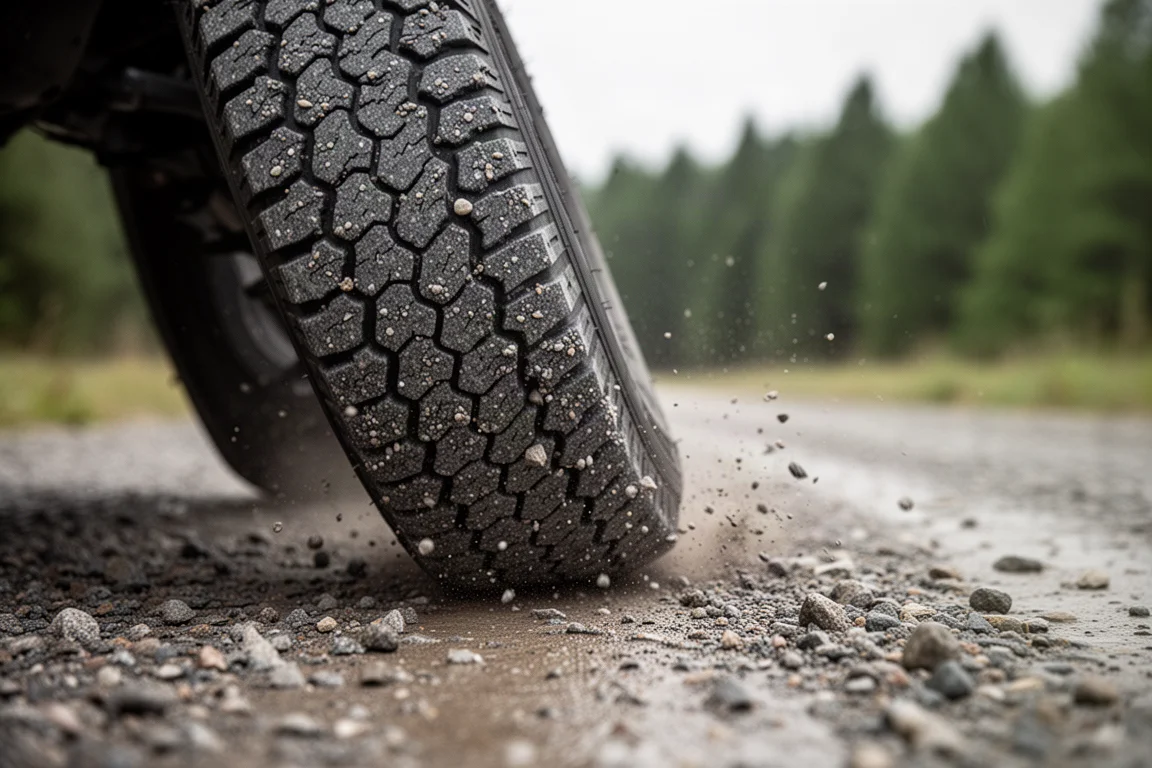 Pneumatico gravel largo che scorre su una pista sterrata umida con polvere nel battistrada