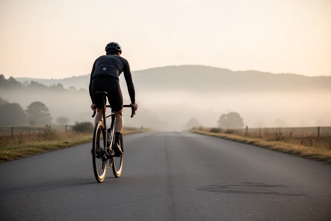 Ciclista su bici da strada endurance che pedala su una corsia vuota all'alba