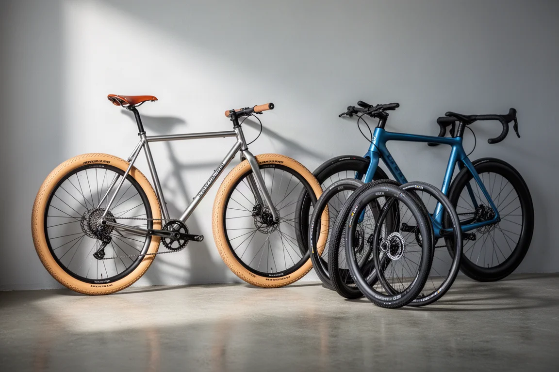 Stalen gravelbike en carbon racefiets met een reservewielset in een betonnen werkplaats