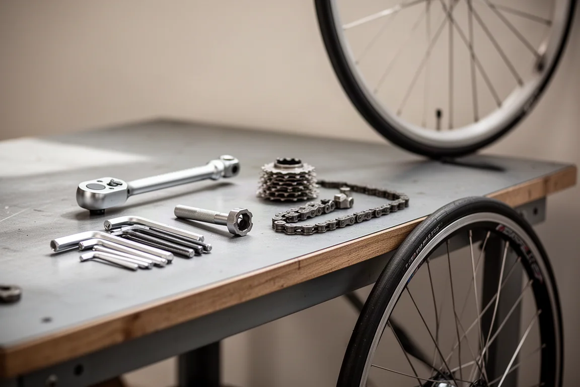 Werkbank in huis met fietstgereedschap, een ketting en een wiel in zacht daglicht