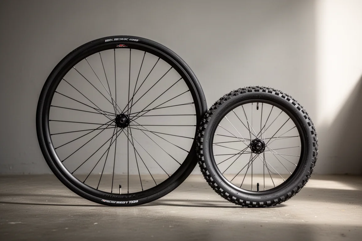 Två cykelhjul med olika diameter sida vid sida på ett verkstadsgolv