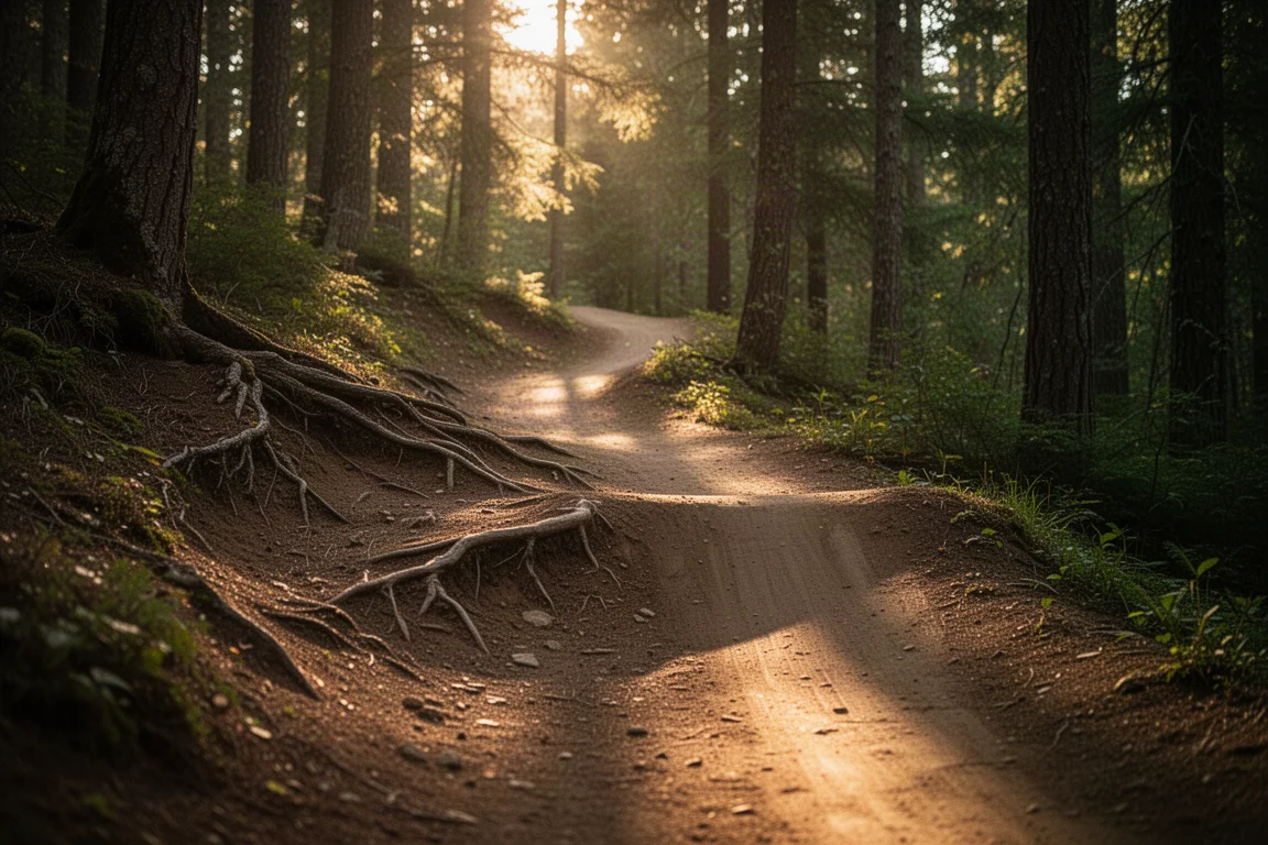 Skogsstig för mountainbike med rötter och ett hopp i gyldene timmens ljus