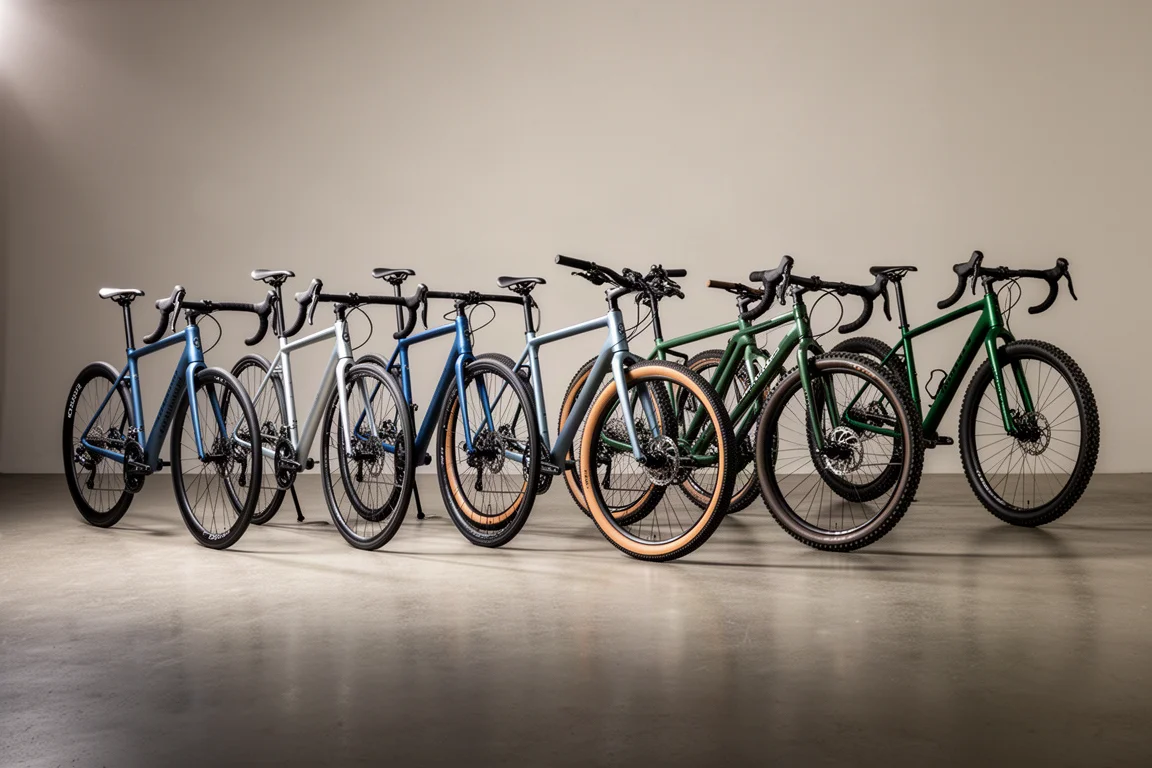 Seven different bicycles, including road, gravel and mountain bikes, arranged in a row