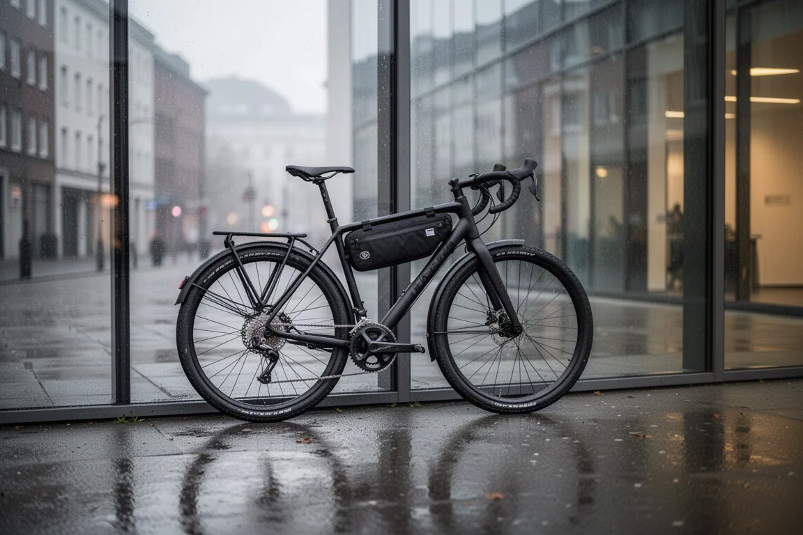 Schwarzes Rennrad mit Schutzblechen im Morgengrauen vor einem Bürogebäude