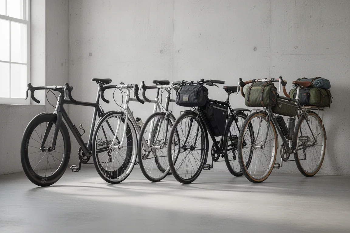 Four road bikes of different eras lined up in a bright workshop